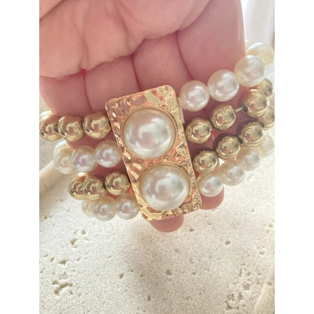 Gold Tone Faux Pearl Stretch Bracelet‎ Set Stacked Beaded Hammered Bold Glam